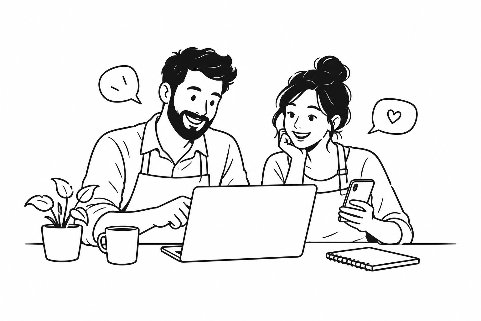 Dos dueños de negocio organizan sus conversaciones desde una laptop y un teléfono